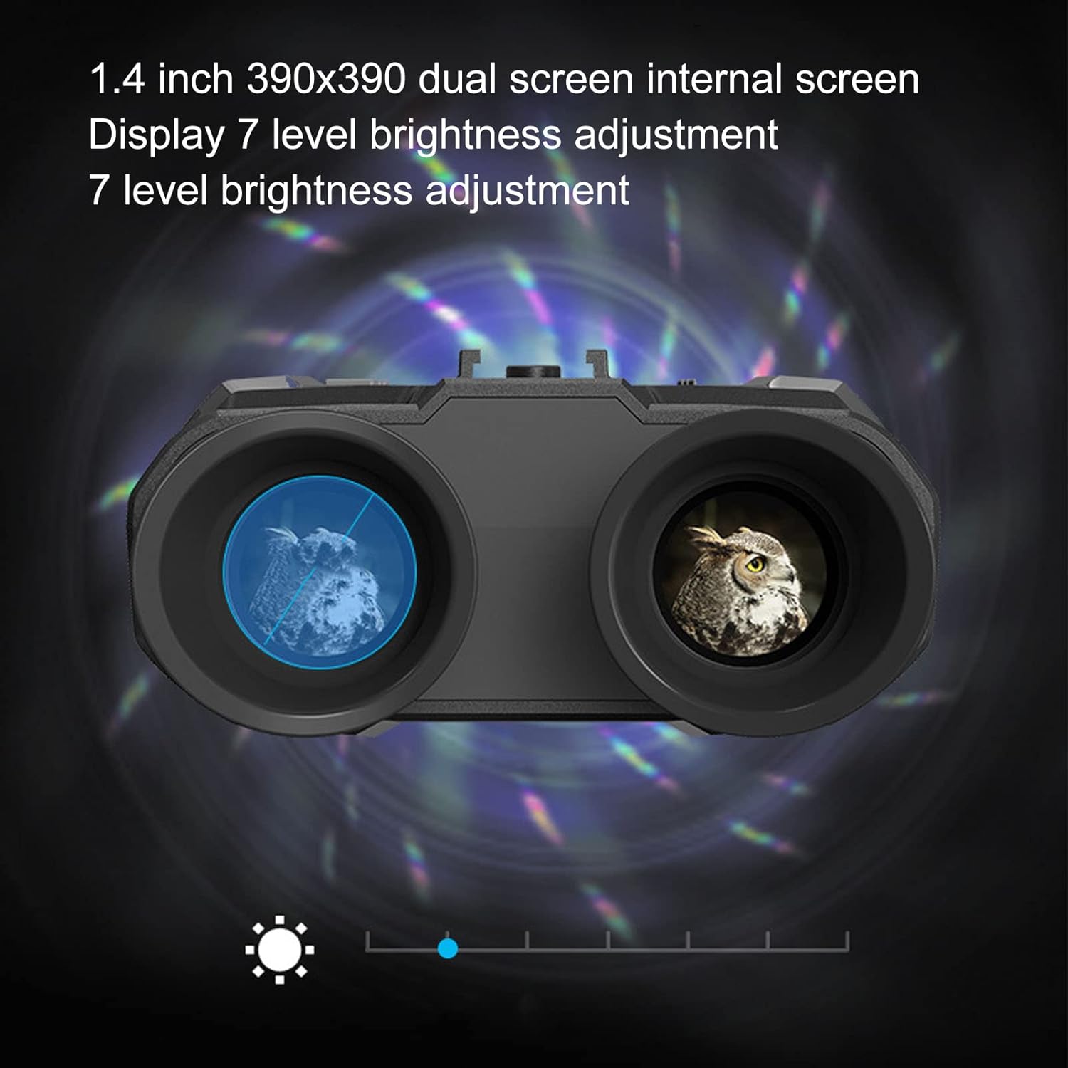 Close-up of the night vision goggles' internal screen, showing an owl image and a brightness adjustment bar with 7 levels.