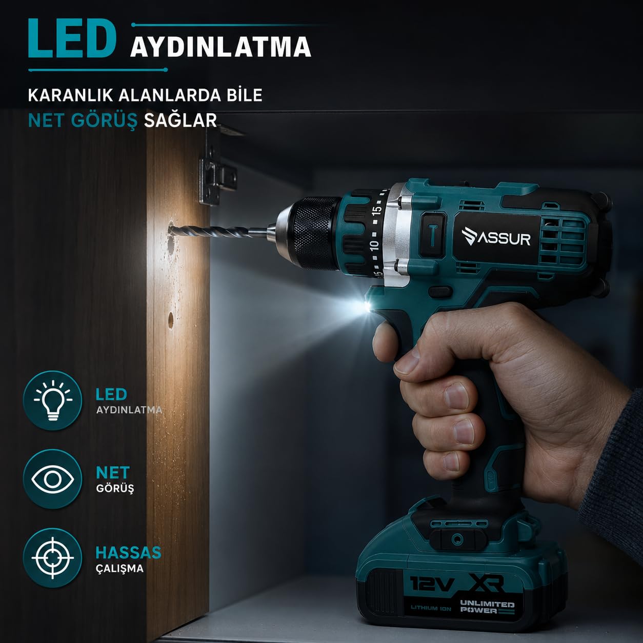 ASSUR Akülü Matkap 12V, 2 Vitesli Şarjlı Vidalama Seti, 84 Parça Uç Seti ile, LED Aydınlatmalı, Çift 1500mAh Lityum İyon Batarya, 10mm Mandren, 2 Yıl Garantili