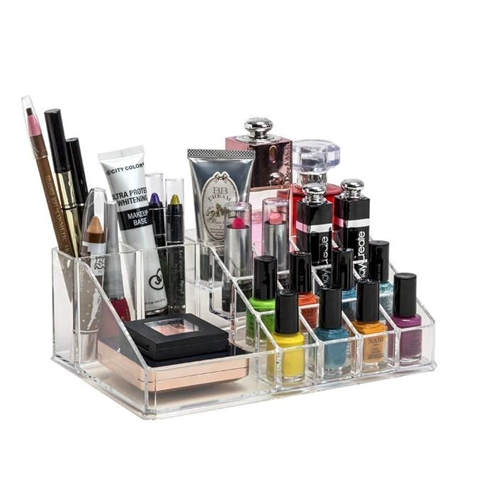 JIALTO Plastic Cosmetic Organizer 16 Compartment Makeup Jewellery Lipstick Storage Box and nail paint stand holder Transparent | Size 21L x 12.5W x 7.8 at Rs. 179