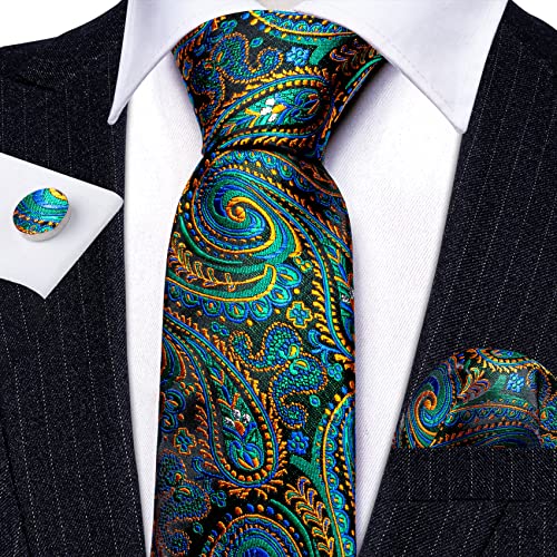 Image of Barry.Wang Classic Mens Ties Silk Necktie Pocket Square Cufflinks Set Woven Designer Wedding Business
