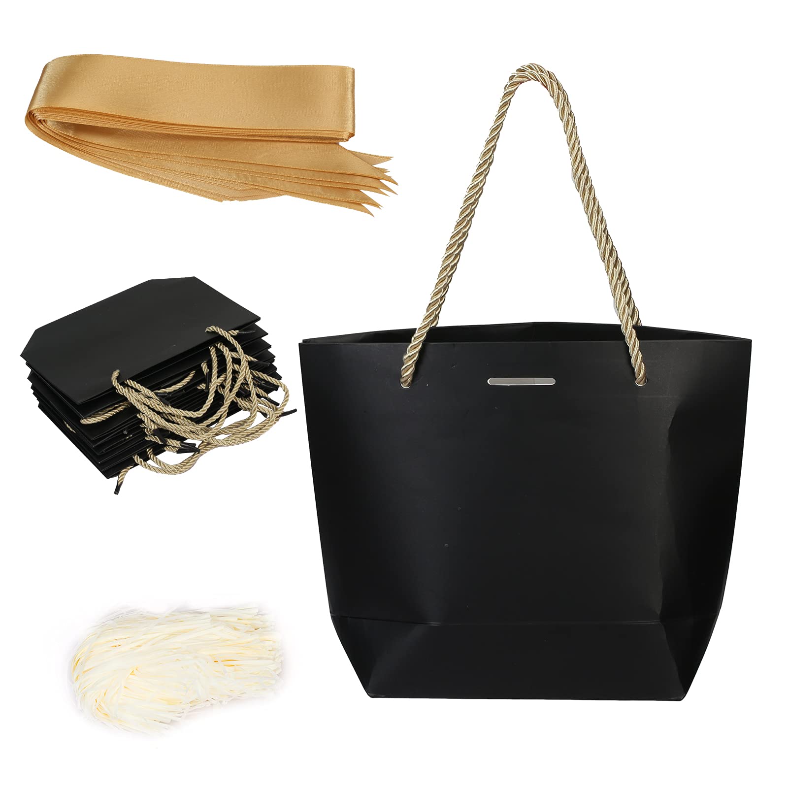 YOLOUP10pcs Paper Gift Bags with Golden Bow Ribbon Portable Party Bag with Handle Black Elegant Present Bags for Valentine's Day Birthday Wedding Bridesmaid Favour Wrap Packaging Boutique