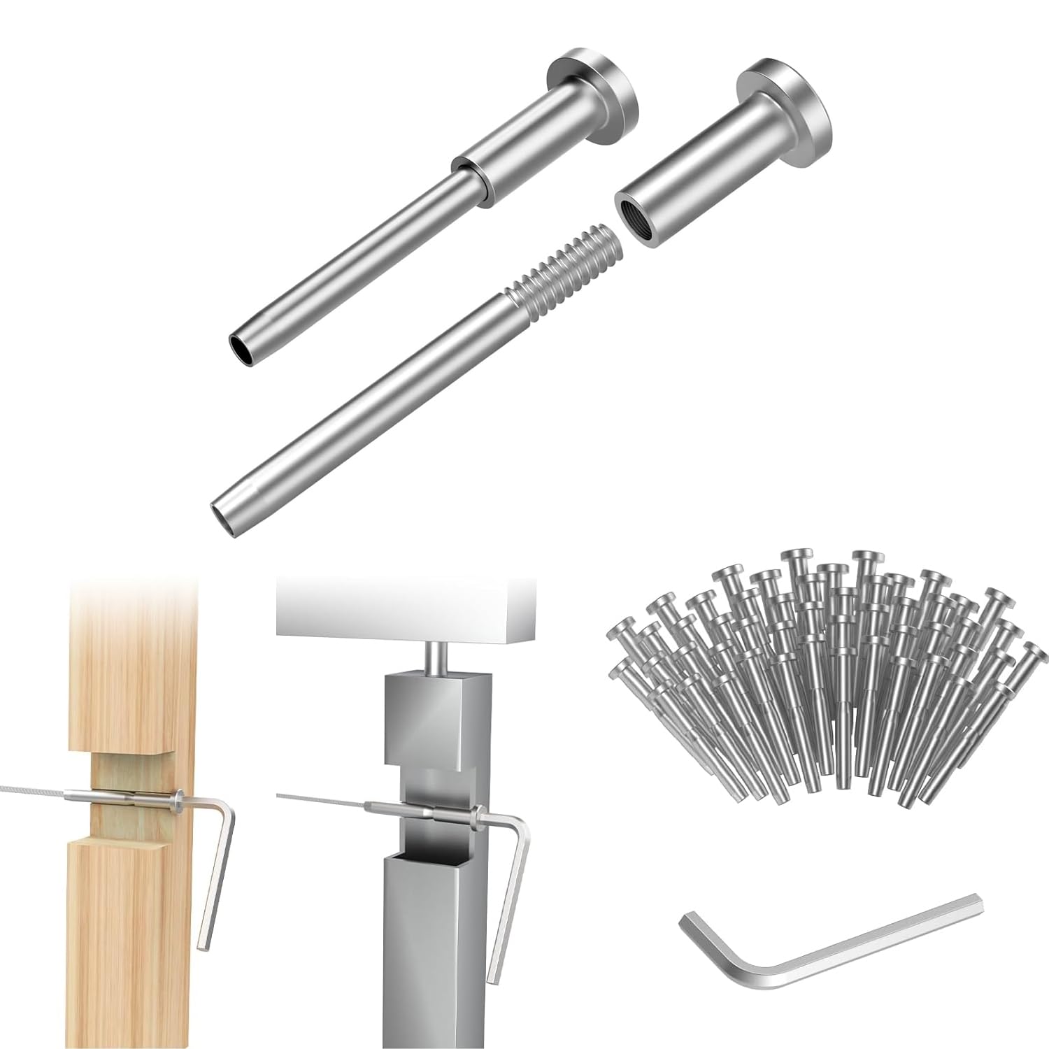 CKE 24 Pack Invisible Cable Railing Kit 1/8" Cable Railing Tensioner Invisible Receiver and Swage Stud End for Cable Railing Hardware, T316 Swage Tensioner and Terminal Hidden for 2x2 Wood/Metal Post