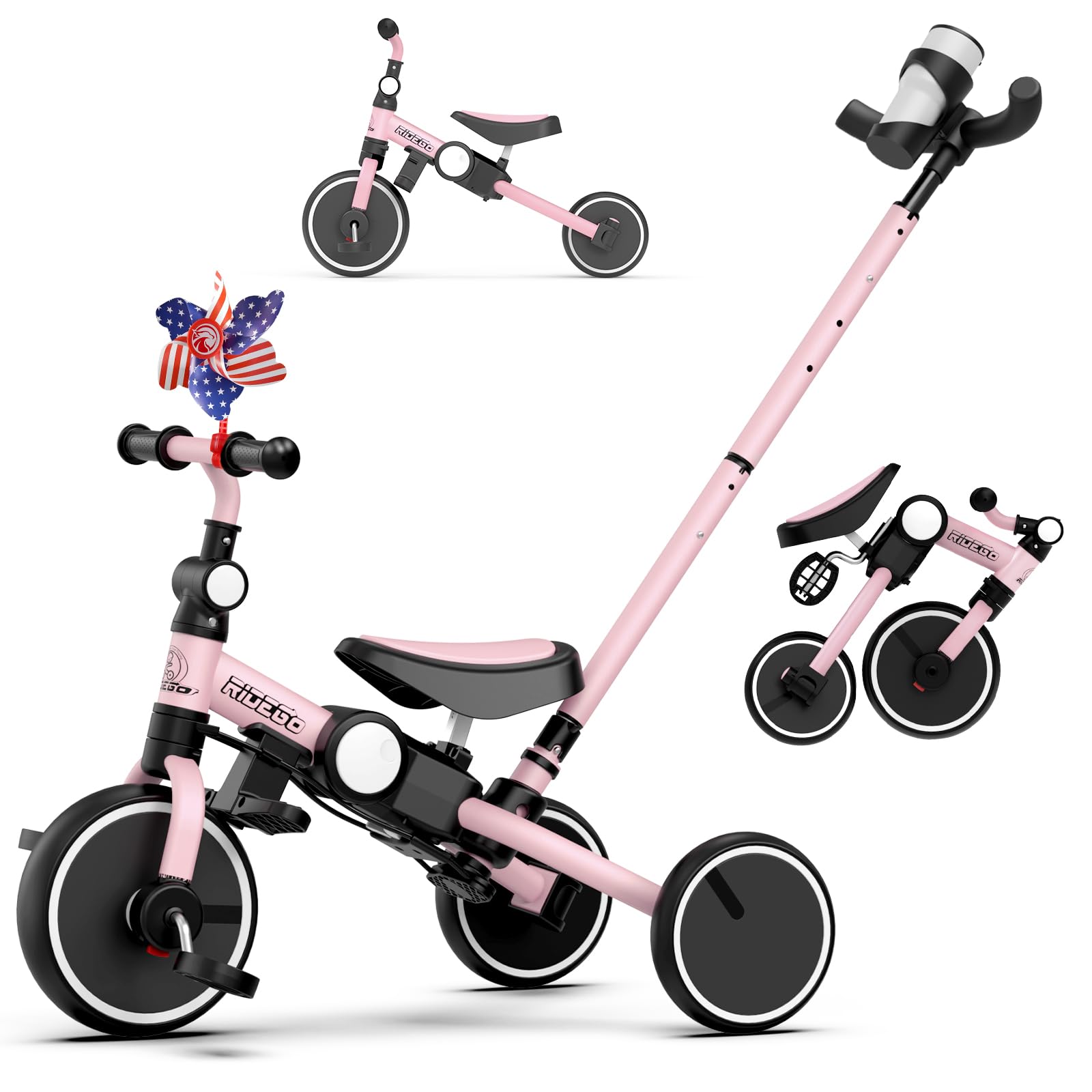 Ridego 5 in 1 Tricycle for Toddlers 3-5 Years Old,Foldable Toddler Bike with Push Handle and Cup Holder, Ideal Balance Bike and Birthday Gifts for 2 3