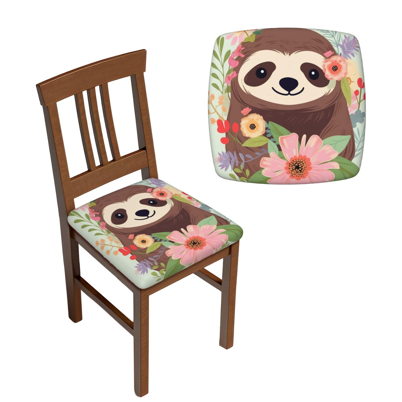 FodPand 2PCS Dining Chair Covers for Dining Room Sloth and Flowers Chair Seat Cover Stretch Parsons Chair Slipcover Removable Washable Seat Cushion Slipcovers Cover for Kitchen Office