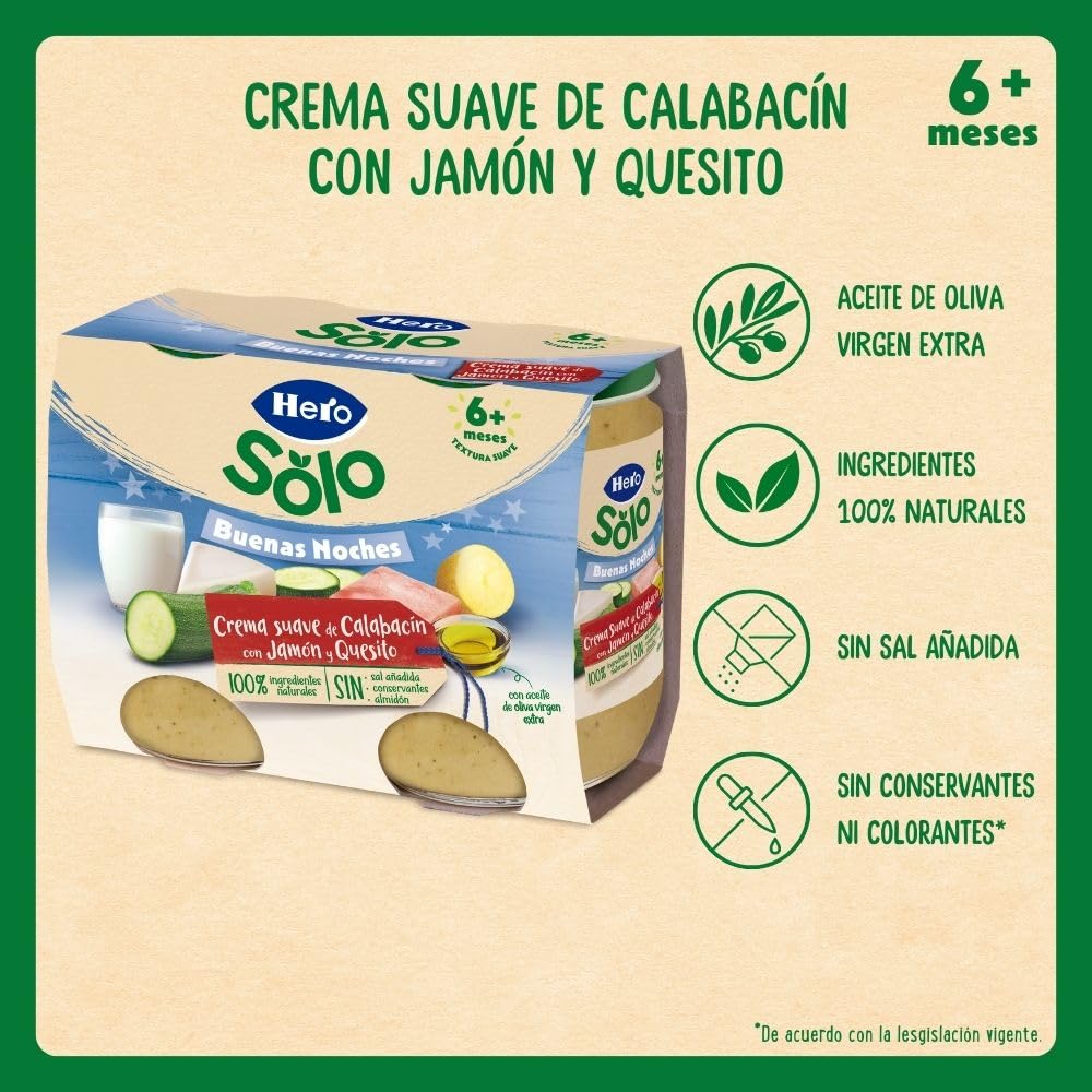 Hero Baby Buenas Noches Tarritos de Crema de Calabacín, Jamón y Quesito, 2 x 190g