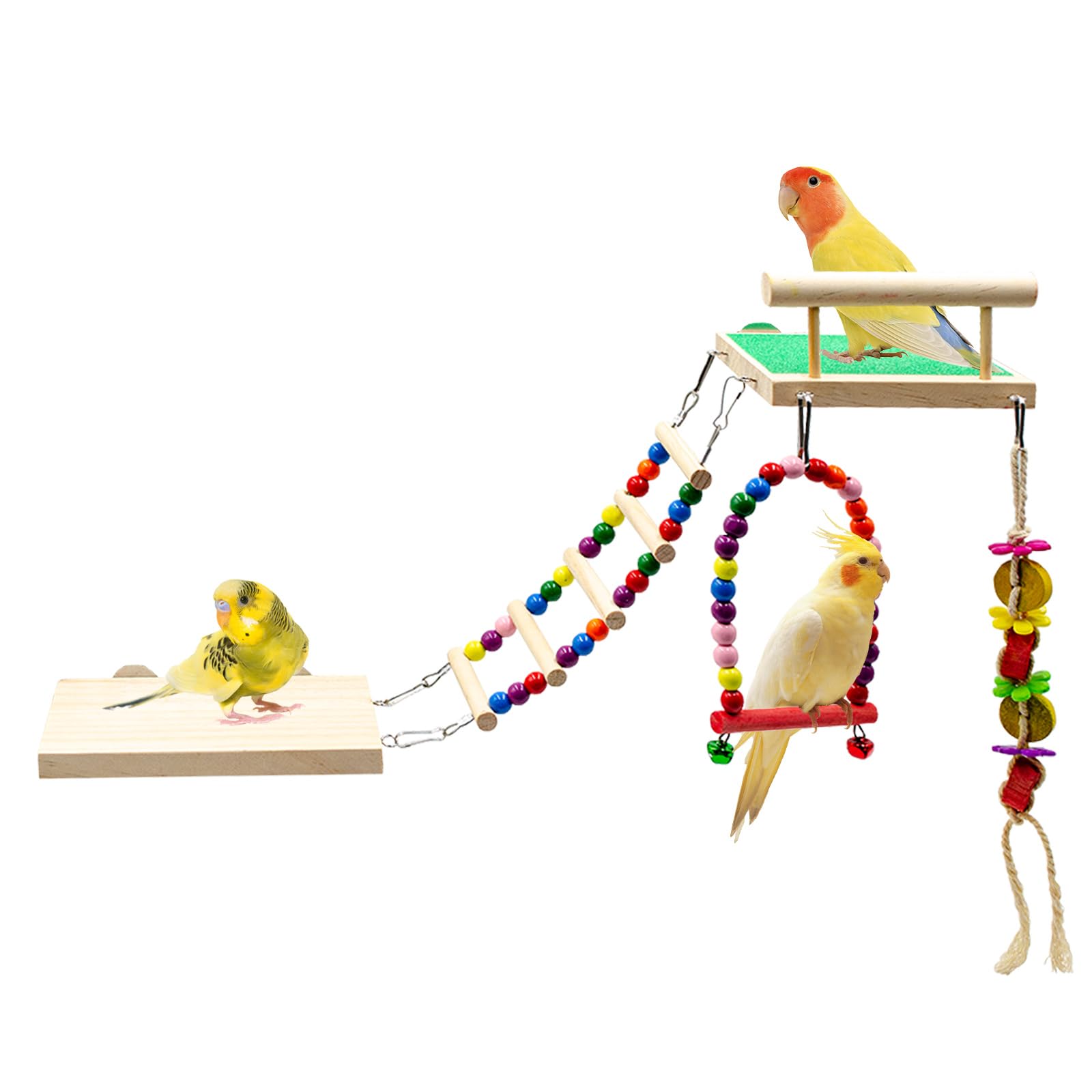 5 Pack Bird Cage Accessories, Multicolor Wooden Enrichment Playground with Swing Perch, Bridge, Chew Toys, Bird Supplies for Budgies, Cockatiels, Lovebirds, Small to Medium Birds