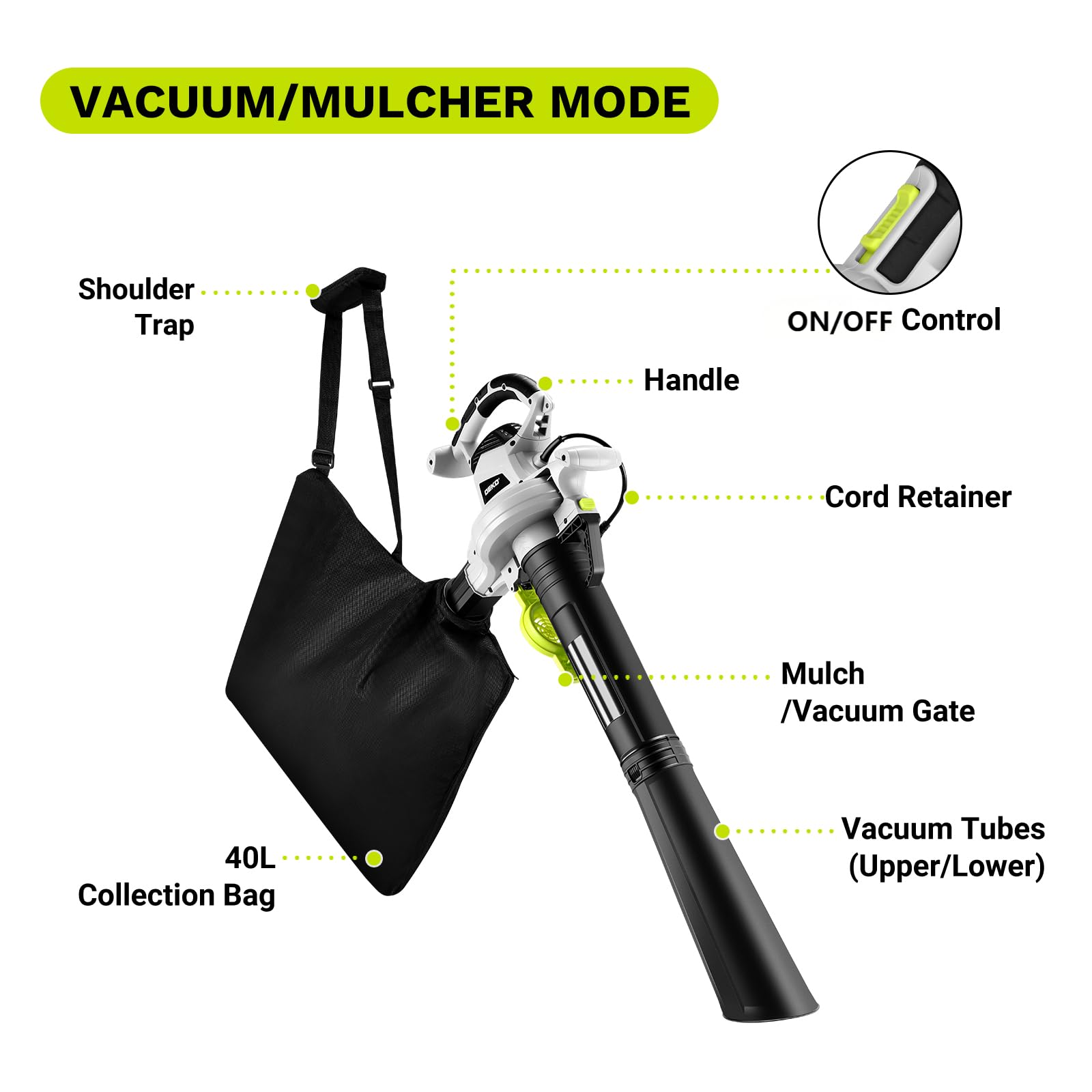 DEKOPRO Soplador de hojas eléctrico 3 en 1 de 12 amperios, con cable, aspiradora de hojas y herramientas para el cuidado del césped con bolsa colectora de hojas de 40 L para patio, jardín, 450 CFM