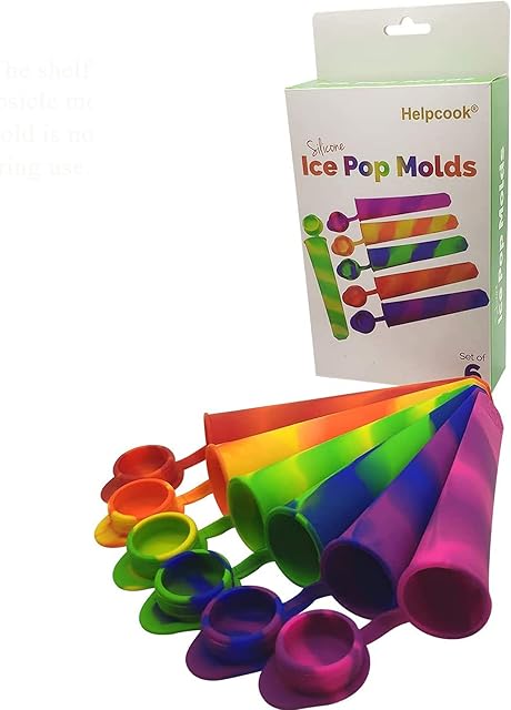 Helpcook Ice Pop Silicone Ice Lolly Moulds - Silicone Ice Pop Molds, Flexible & Durable - Reusable & Dishwasher Safe - Easy Clean & No Mess,Multicolored Popsicle Molds with Attached Lids,Pack of 6