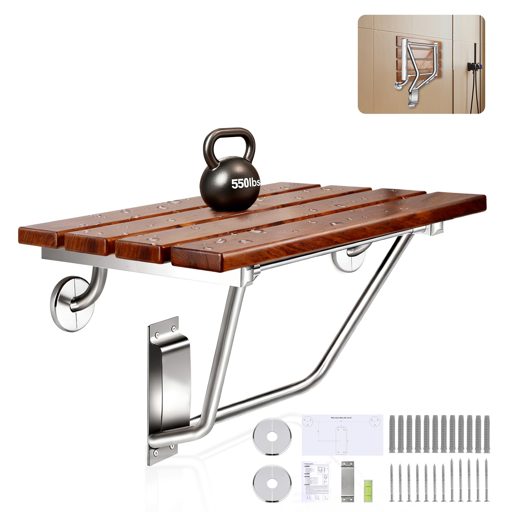Photo 1 of ??????? 24 Inch Teak Folding Shower Seat Wall Mounted, 550 Lbs Capacity Sturdy Shower Bench with 316 Stainless Steel Frame & Finish Caps, Narrow Bathroom Space Saving Teak Wood Shower Chair