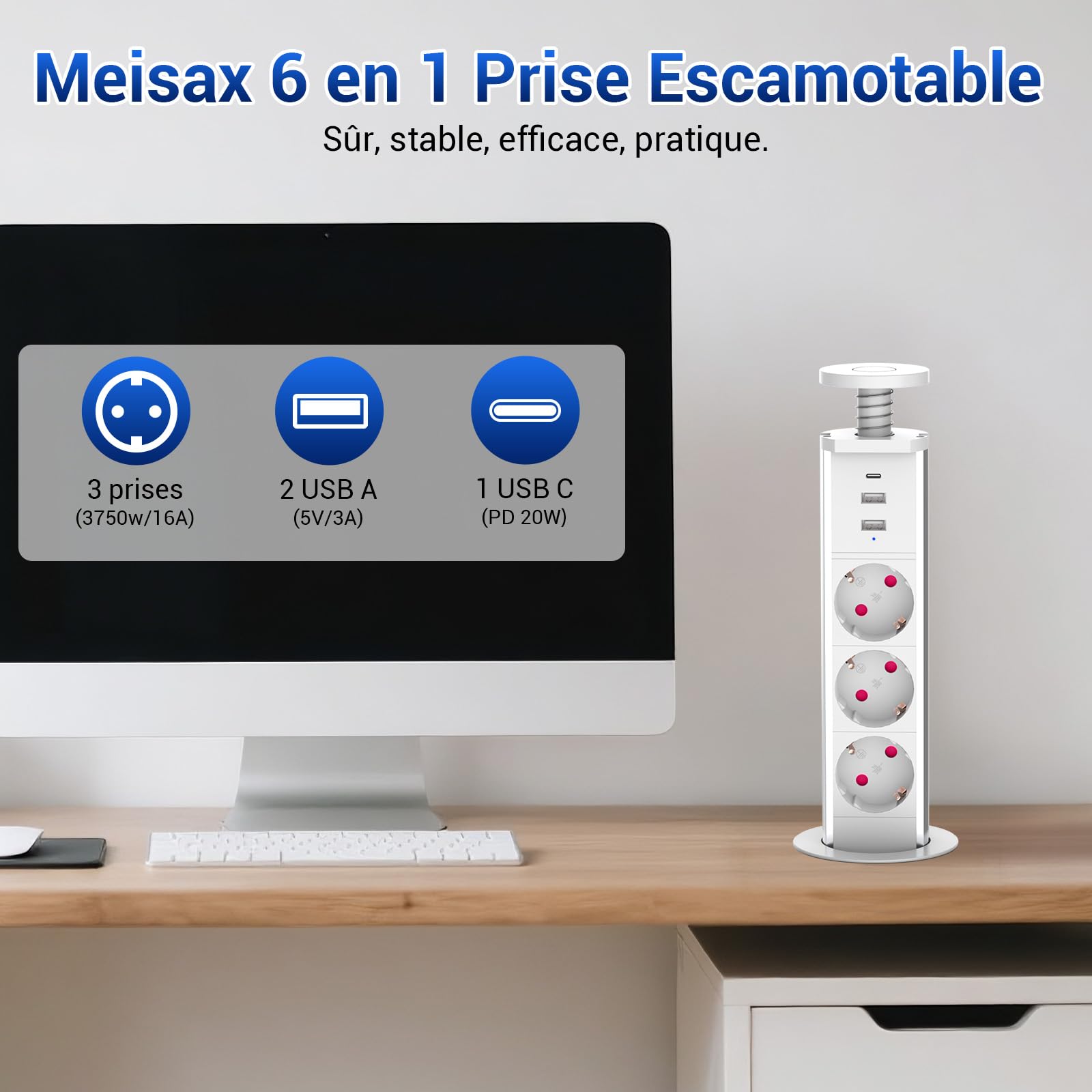 Steckdosenleiste Unterputz Block PD 20 W Schnellladung mit 3 Steckdosen, 2 USB-A und 1 USB-C Kabel 1,8 m, Ø 60 mm, versenkbare Steckdose, Arbeitsplatte für Küche, Büro, Schlafzimmer, Wohnzimmer