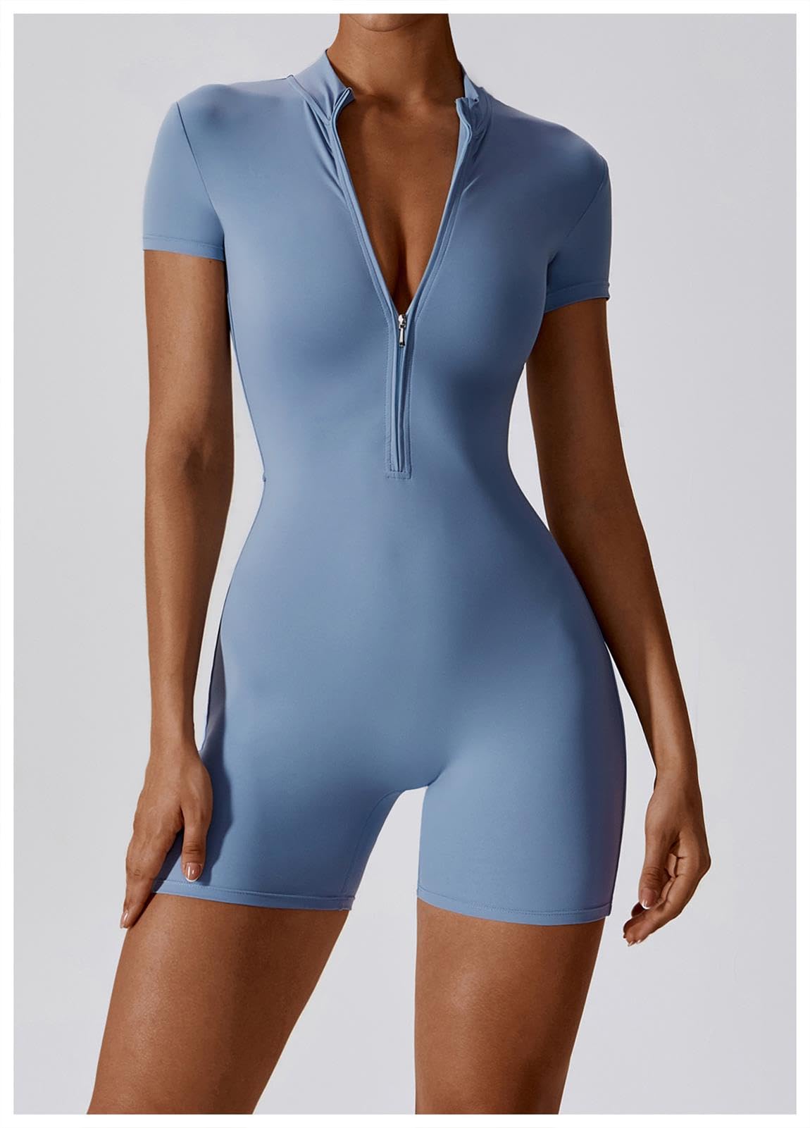 hixswnu Mameluco deportivo de manga corta con cremallera frontal para mujer, diseño todo en uno