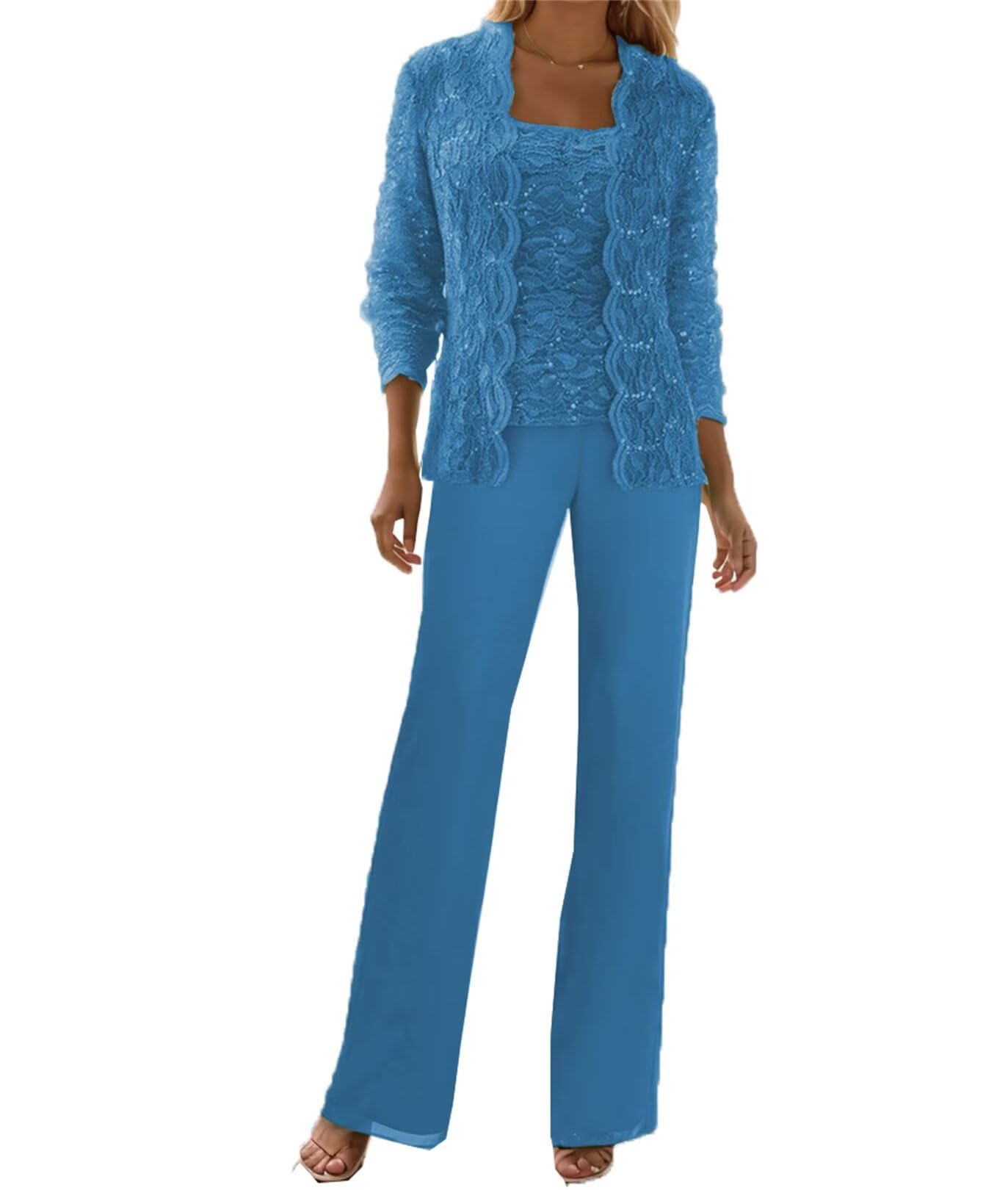 3 Piece Mother of The Bride Pant Suits for Wedding Guest Sequin Lace Outfit Long Sleeve Formal Evening
