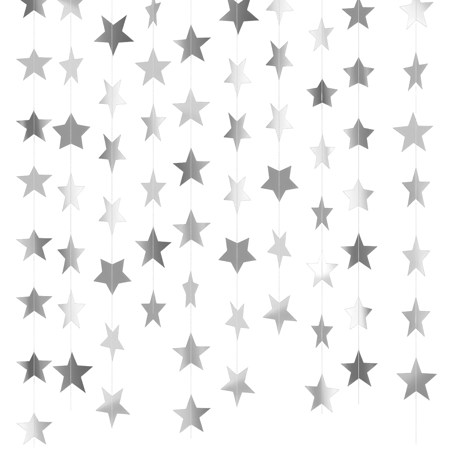 IGXX 52 Feet Silver Star Garland - 4 Pack Glitter Paper Hanging Decorations for Parties, Reflective Star Bunting Banner for Birthday Wedding Holiday Anniversary Backdrop Supplies