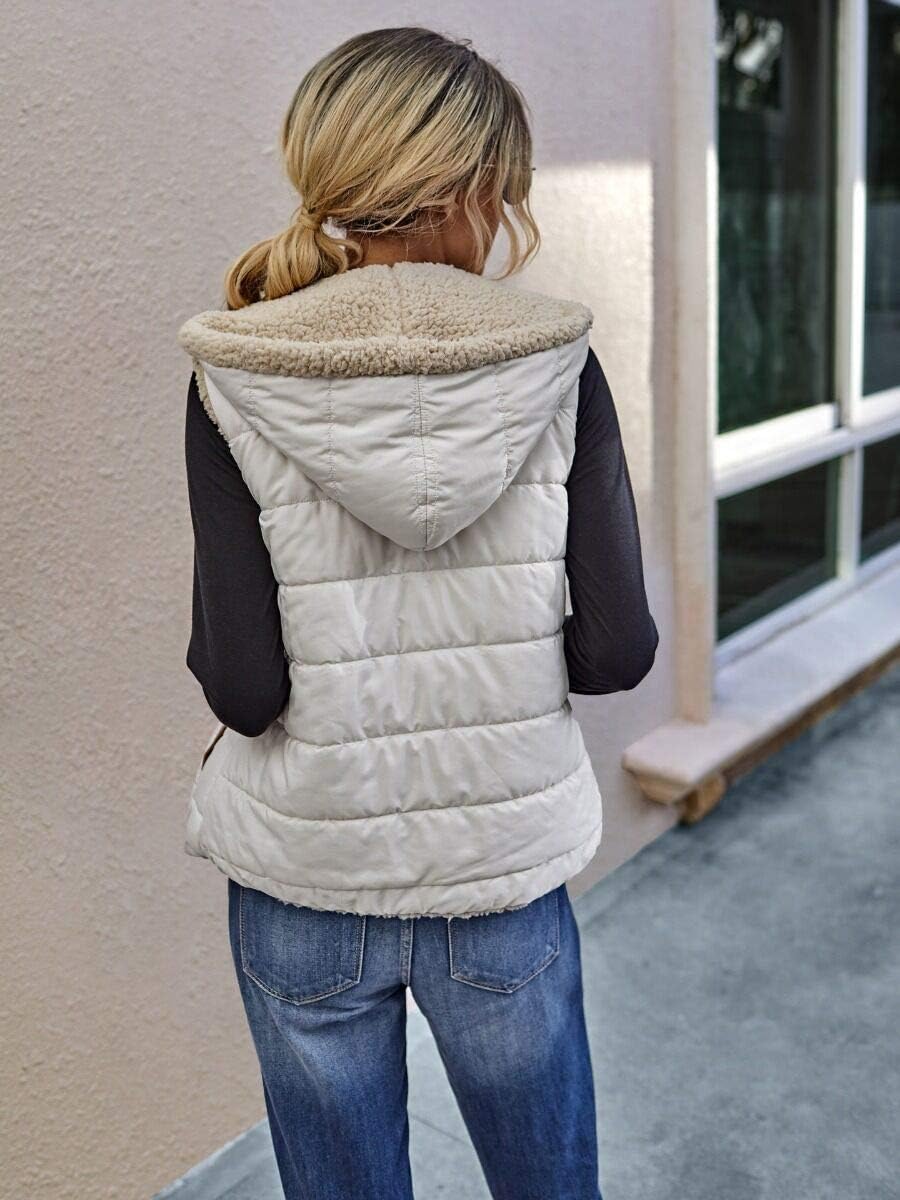 Womens Sherpa Fleece Full Zip Reversible Vest Warm Color Block Hoodie Outwear with Pocket - Image 3