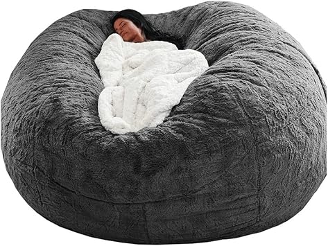 7FT Bean Bag Chair Cover, Living Room Furniture Big Round Soft Fluffy Faux Fur BeanBag Lazy Sofa Bed Cover 183cm Giant Fur Bean Bag Cover Color Dark Gray