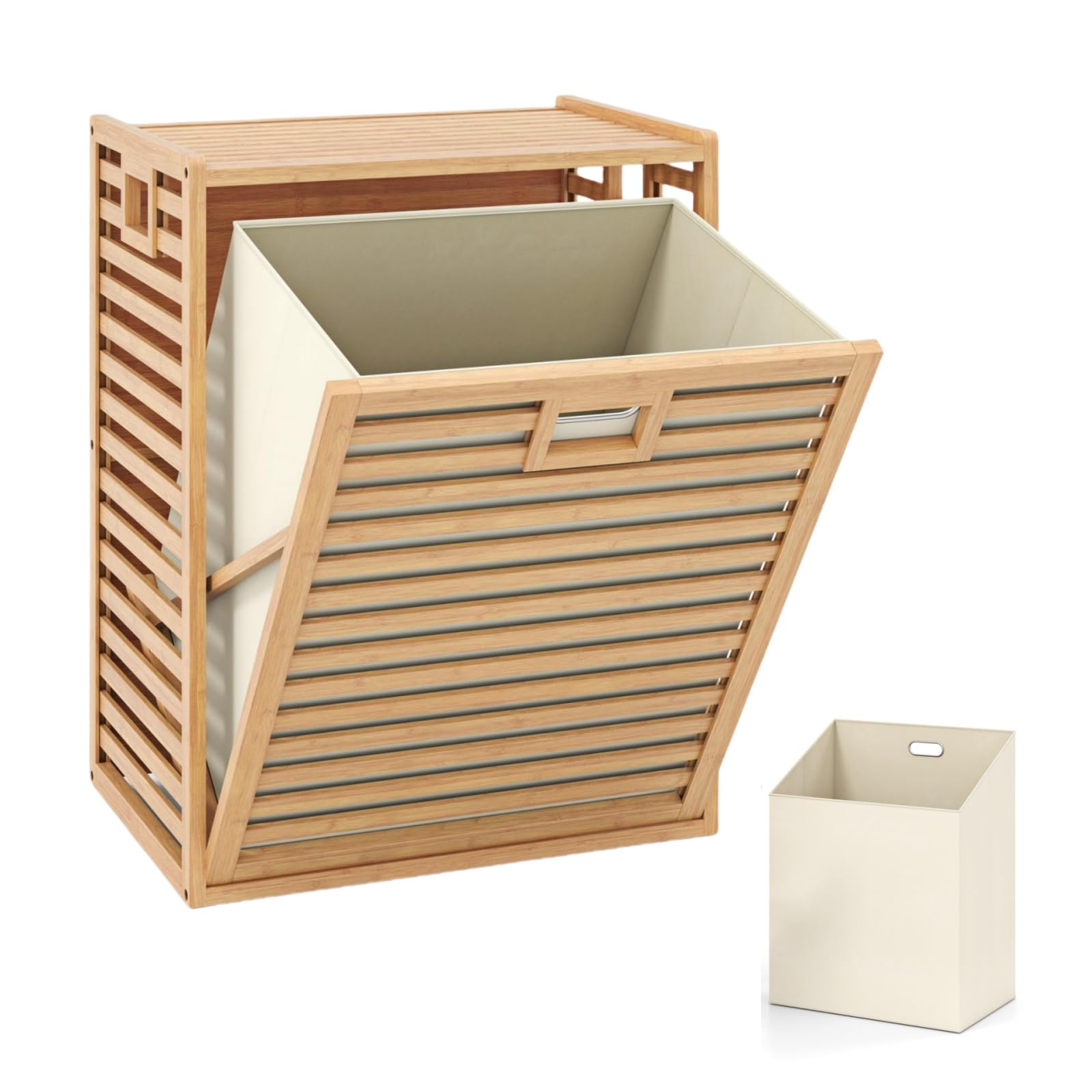 LIFEZEAL Cesto Biancheria Sporca a 1 Scomparto, 68L, Mobile Portabiancheria, Cesto Estraibile in Bambù, con Sacco Rimovibile, Pieghevole, Piano Portaoggetti, Lavanderia, Bagno, Salvaspazio, 50x35x64cm