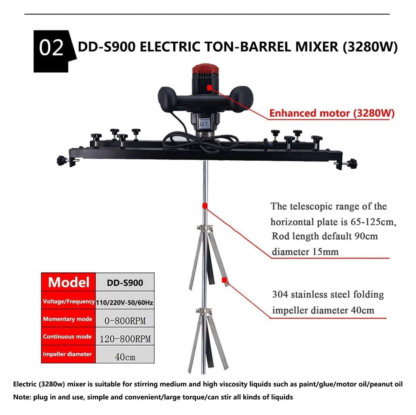 Mezclador eléctrico Resistente, agitador IBC de 3280W para la Mezcla eficiente, Ajustable 65-125CM, Ideal para la Pintura, Adhesivos y más, diseño portátil para un Uso fácil