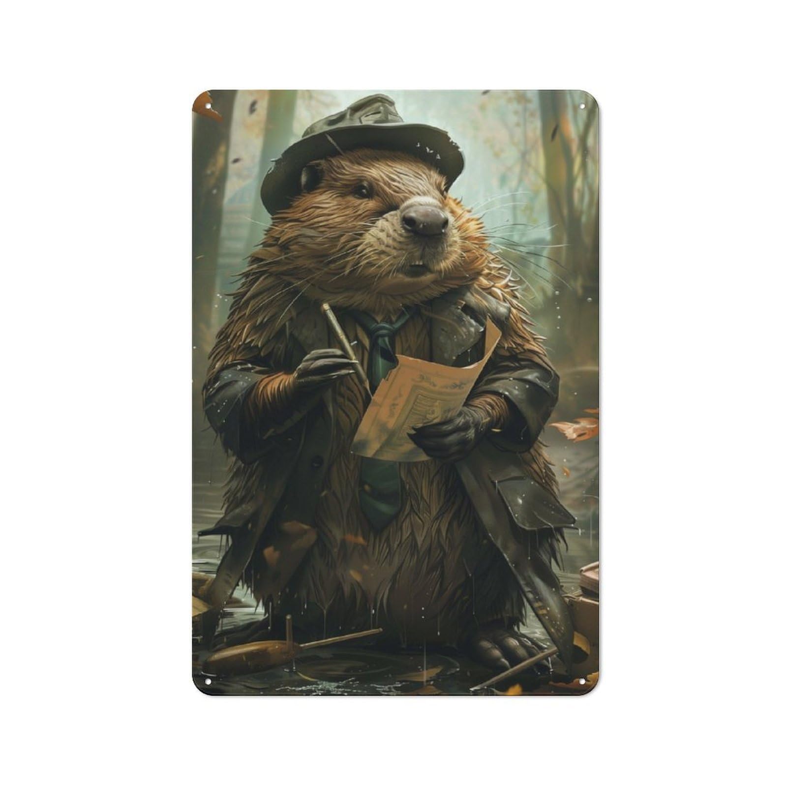 Junmoney Beaver Detective Wildlife Retro Metal Sign With Design 30X20cm, Weathered Look Shed Wall Plaque For Garage, Workshop, Shed Or Utility Room