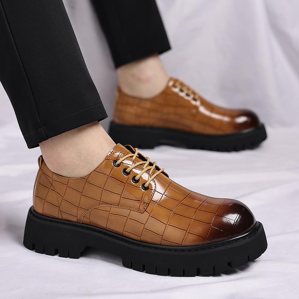 Santimon Men's Croc-Embossed Chunky Oxford Shoes – Lace-Up Dress Casual Rugged Lug Sole Shoes for Work, Streetwear, Parties