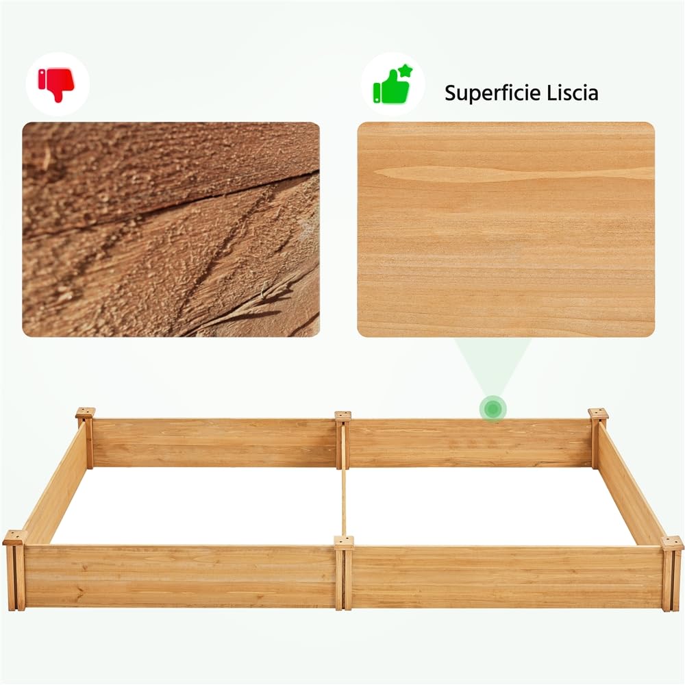 Yaheetech Letto Rialzato da Giardino in Legno Massiccio 234,5 cm × 120,5 cm × 25,2 cm con Griglia Centrale Fioriera da Giardino per Coltivazione Marrone Chiaro