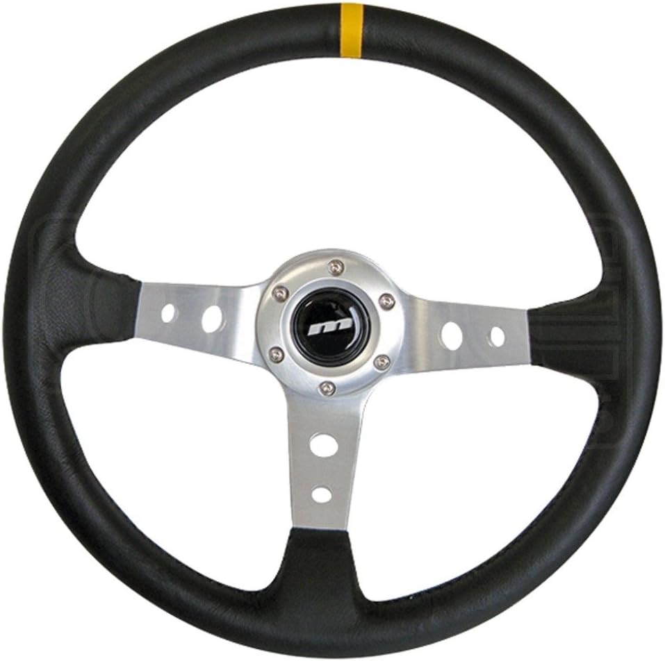 Mountney M34X3VV3S M Range Steering Wheel ,Silver Anodised Center, Deep Dished, Black Leather Rally Wheel, 3 Spoke, Black Alcantara, 340 mm In Size