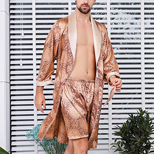 Lu's Chic Men's Satin Pajama Set Silk Bathrobe Shorts Long Sleeves Pockets Soft Kimono Robe Set Golden Us 2Xl (Tag5Xl) #TOP1