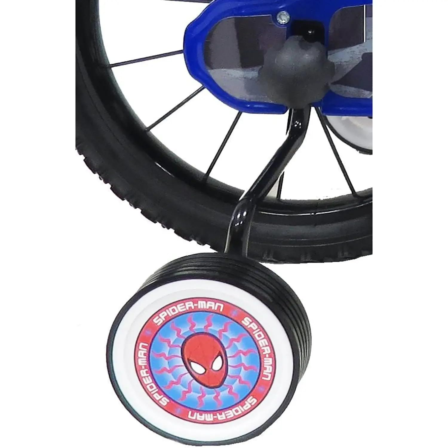 bicicletta da bambino con scudo anteriore, borraccia e stabilizzatori laterali di Spiderman misura 14 pollici