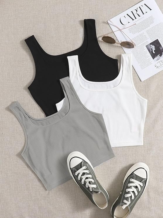 Image of Toochki Women's Knitted Sleeveless Solid Sqaure Neck Ribbed Tank & Crop Tops (Pack of 3)
