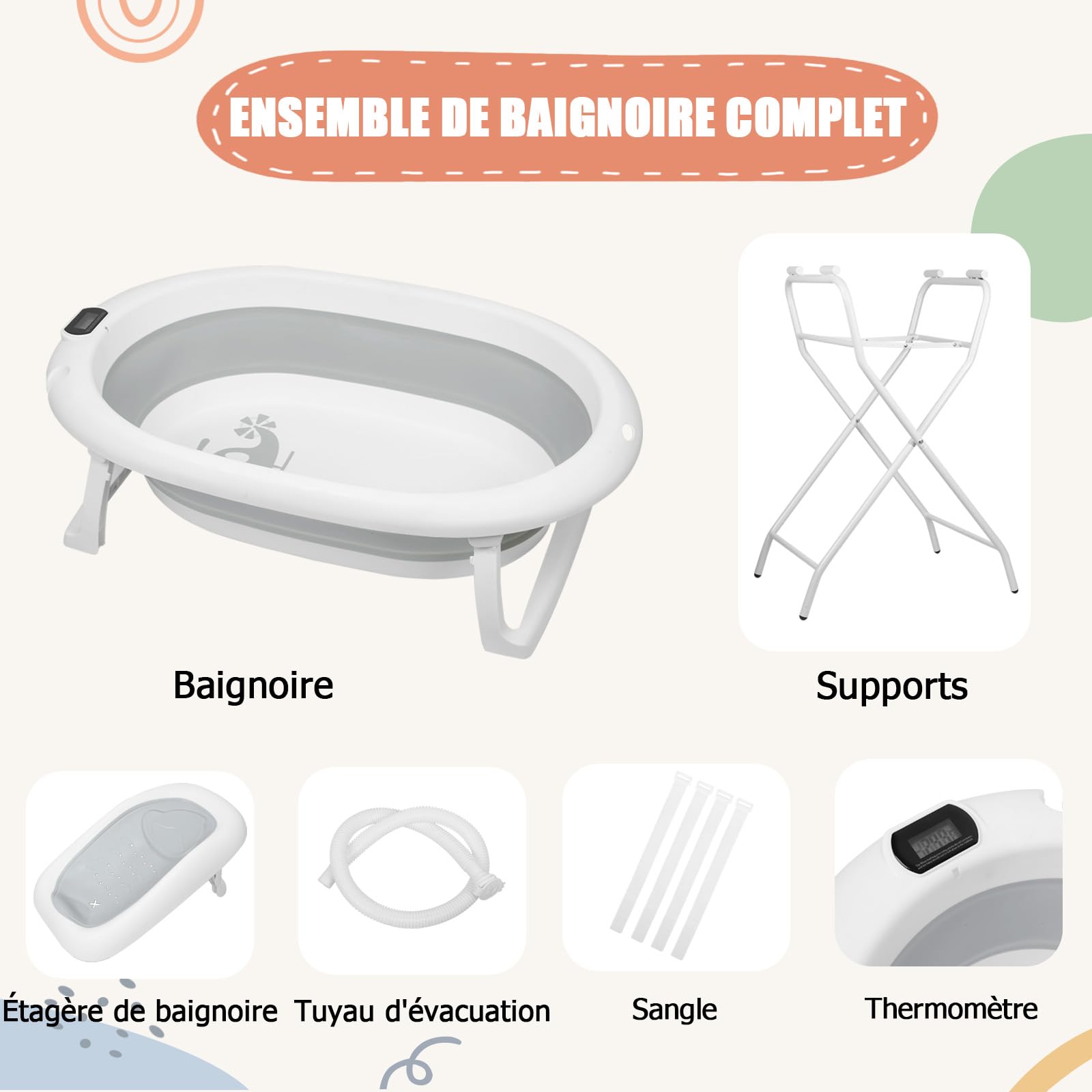 Baignoire Bébé Pliable avec Support sur Pied 85x47x85 cm Gris