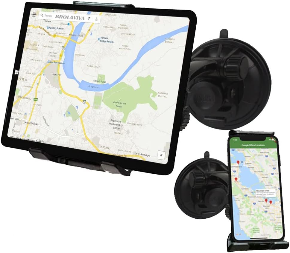 BROLAVIYA Windshield Headrest Suction Car Holder Stands for Both Mobile Phones and iPad Galaxy Tablets Use Size 4'-10.1' inch-Black