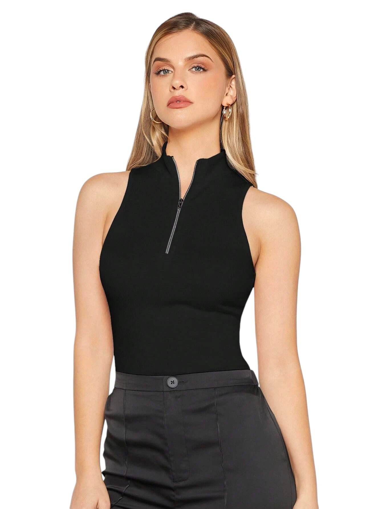 classy fashion Rib-Knit Half Zip Mock Neck Solid Tank Top for Women & Girls | Stretchy, Soft & Breathable Cotton Material | Stylish & Lightweight | Slim Fit-picture-38