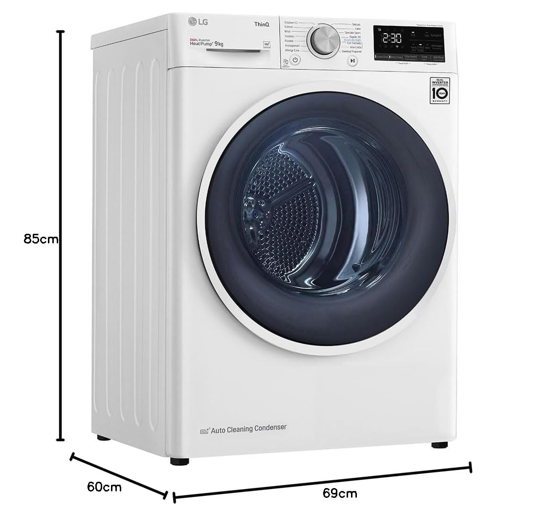 LG RH90V9AVHN Sèche-linge intelligent à chargement frontal 9 kg, classe C, condensation avec pompe à chaleur, Wi-Fi avec SmartThinQ, Eco Hybrid, Allergy Care, 60 x 69 x 85 cm - Blanc