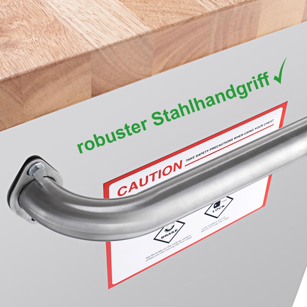 Ondis24 Carrello portautensili in acciaio inox con 4 cassetti scorrevoli e piano di lavoro in legno massiccio XL, ruote girevoli (grigio, 130 x 49 x 92)