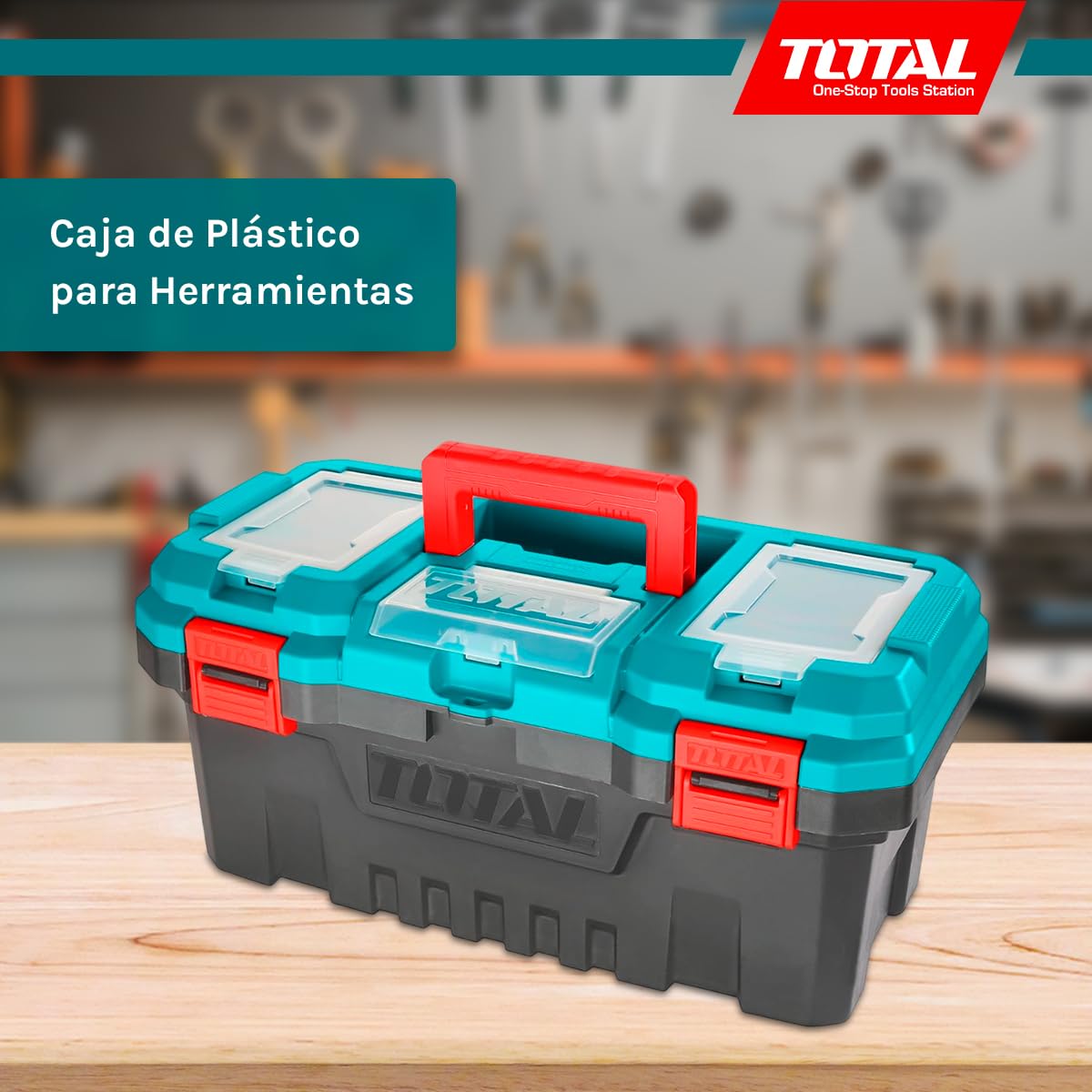 Total - Organizador de Herramientas - Caja de Plástico con Bandeja Extraíble y Tapa Superior - 3 Áreas de Almacenamiento y Función Escala - Asa y Cierres Resistentes - Medidas 508x296x261mm