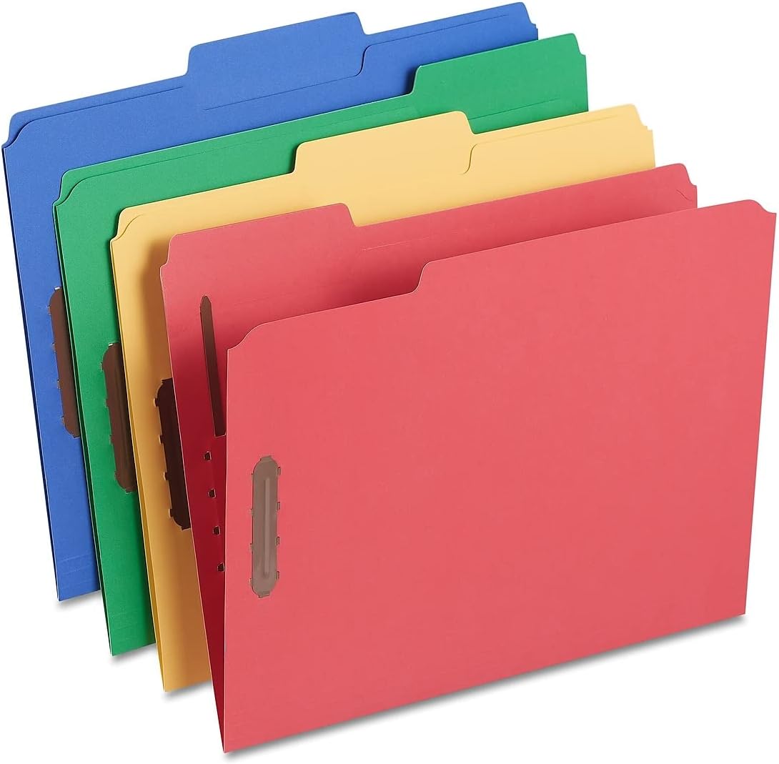 Staples Reinforced Tab Fastener Folder, Letter Size, Assorted Colors, Durable Pressboard Construction, 50/Box
