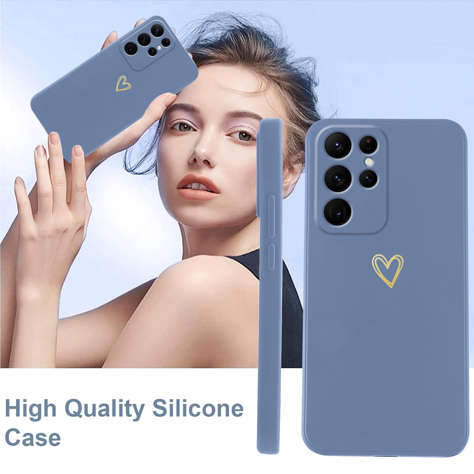 Etui do Samsung Galaxy S22 Ultra 5G ze sznurkiem obrożowym, miękkie etui silikonowe z motywem serca i przenośną smyczą, regulowana, odporna na wstrząsy osłona paska na ramię, niebieska