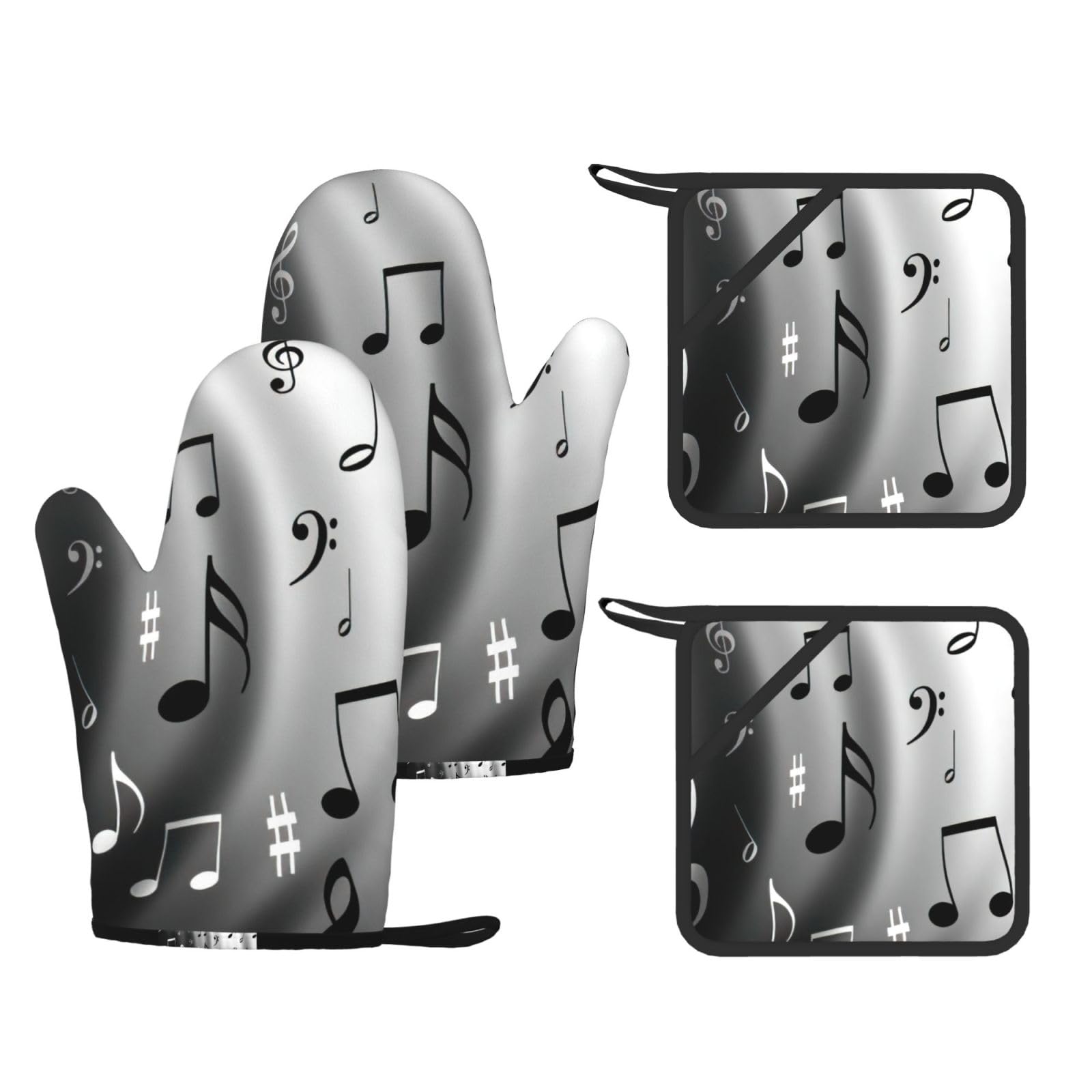 Music Notes Print Print Oven Mitts And Pot Holders Pads Set, Oven Glove High Heat Resistant 500 Degree For Kitchen