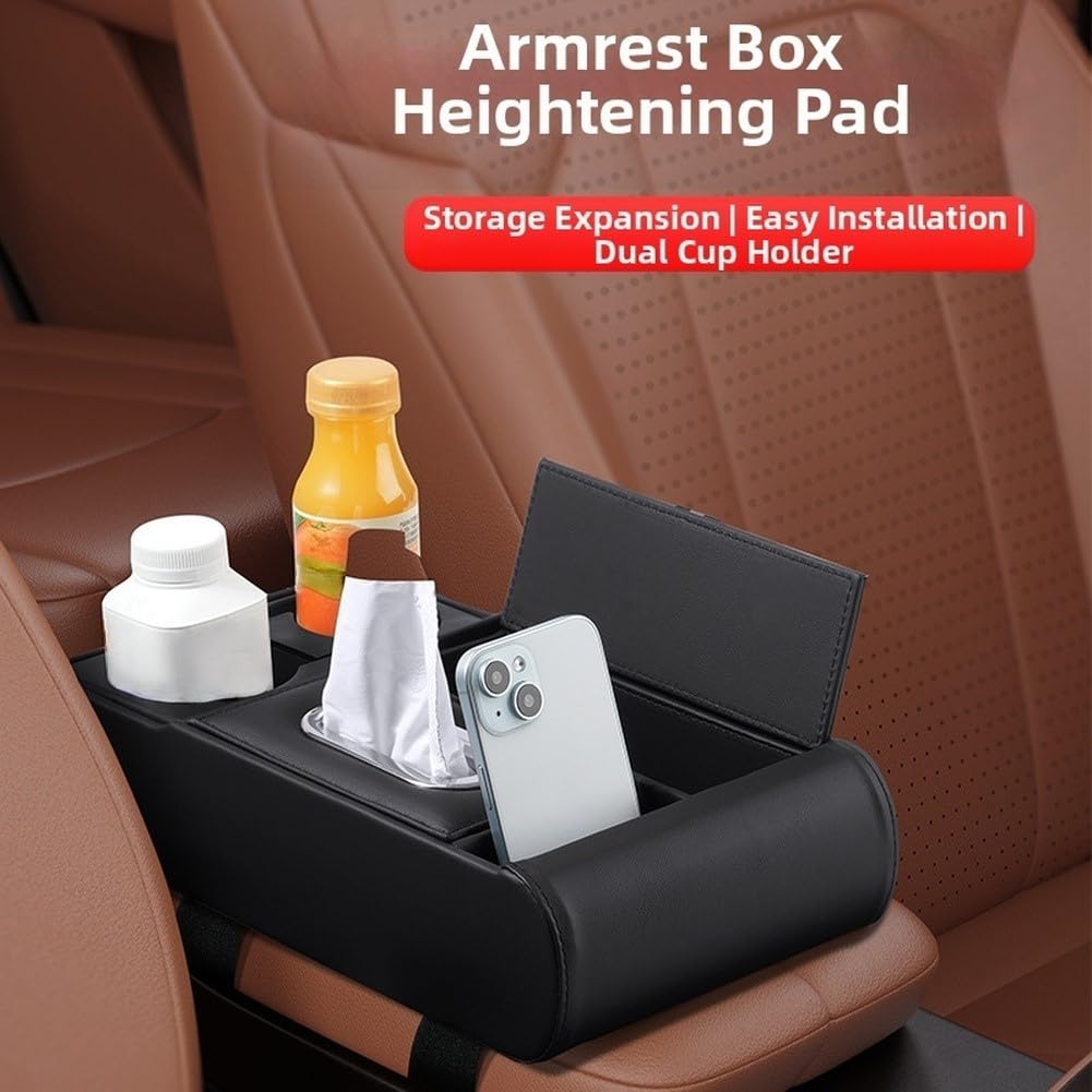 Boîte à mouchoirs pour voiture avec accoudoir et support de téléphone, boîte de rangement avec repose-coude, organiseur de véhicule avec distributeur de mouchoirs (noir)
