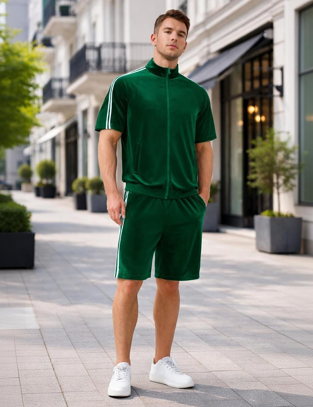 Velour Tracksuit Mens 2 Piece Set Casual Short Sleeve Sweatsuit Outfits Zip Up Velvet Jacket Pants Set - Image 5