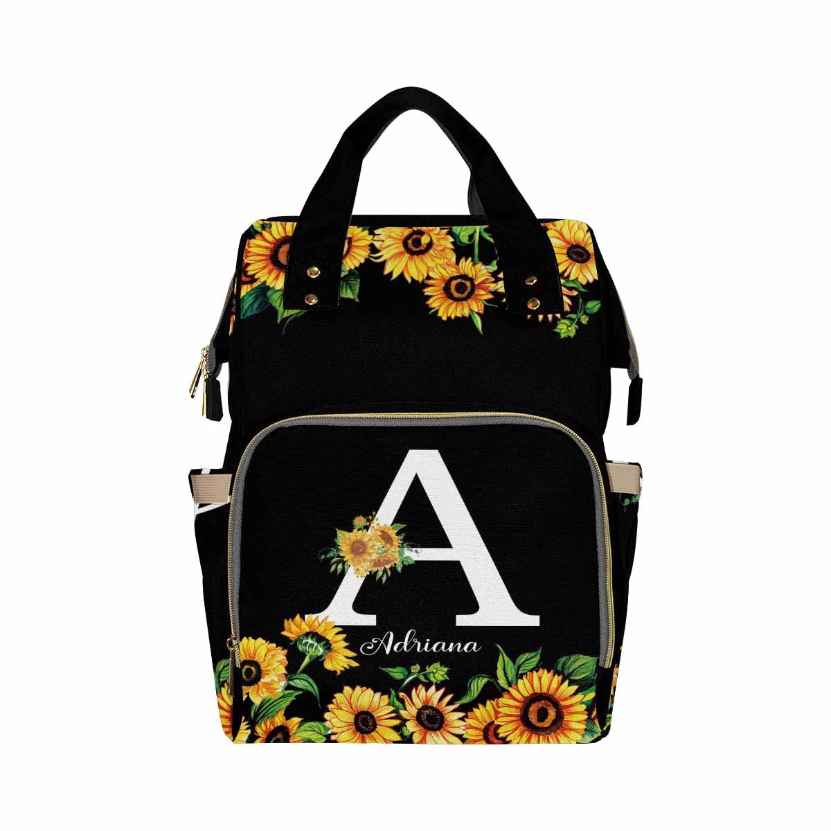 Newcos Personalized Lovely Sunflowers with Initial Letter Diaper Backpack with Custom Name Shoulder Mommy Baby Bag, One Size