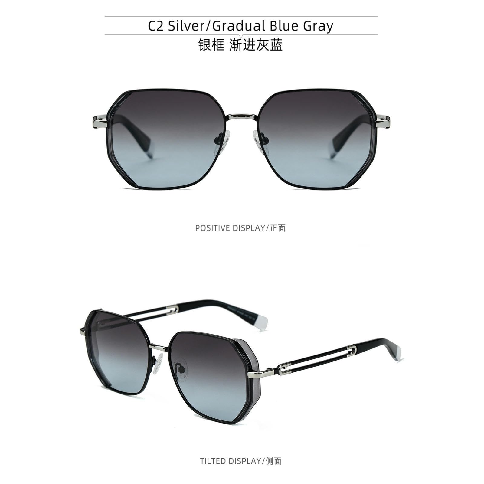 Sonnenbrille Damen Damenmode Gradient Polygonal Geht Aus Strand Straße Schießen Pendeln Sonnenviser-c2 Silberrahmen Gradual Grau Blau