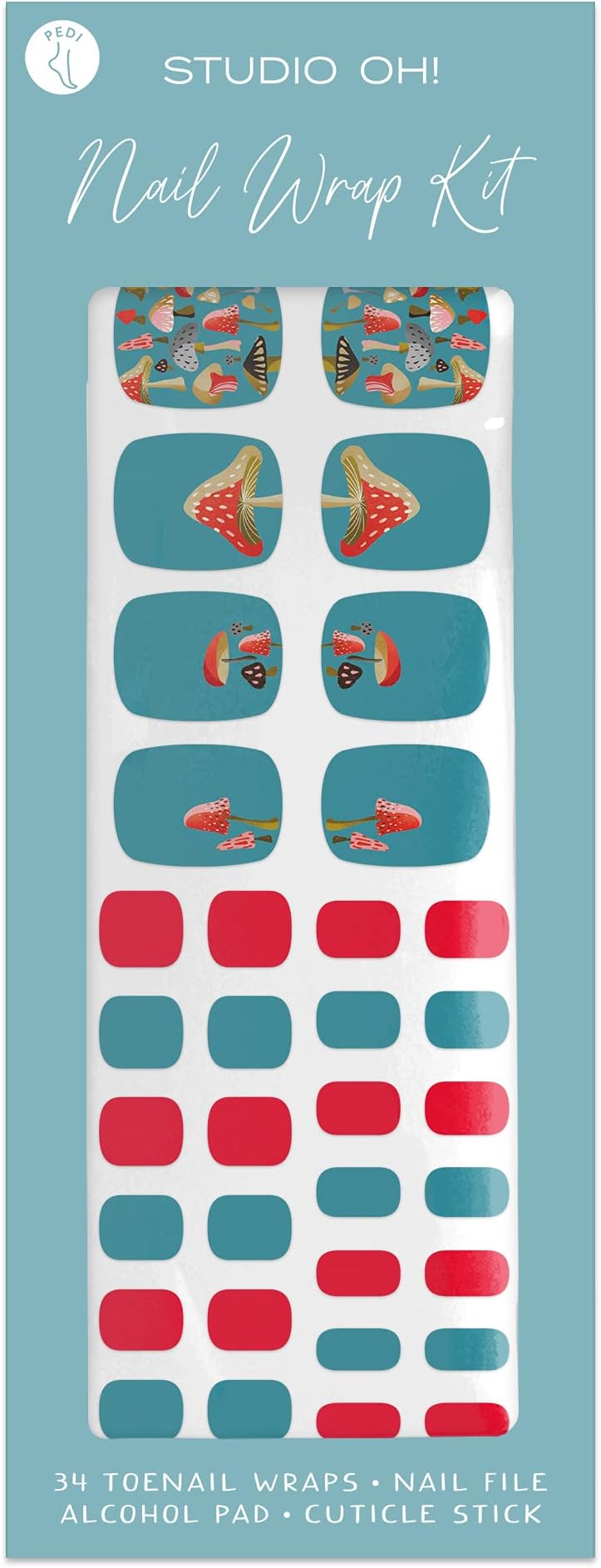 Mellow Mushrooms Pedi Nail Wrap Kit by Studio Oh! - Includes 22 Nail Wraps in Various Designs & Colors and Application Tools - Easy to Apply & Remove Wraps for Any Outfit or Mood
