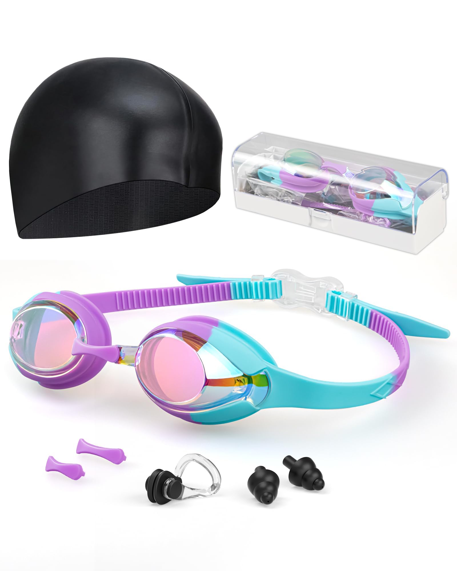 Hurdilen Kids Swim Goggles, Anti-fog and UV Protection with Swim Cap for Age 3-15 Youth Boys Girls Toddler