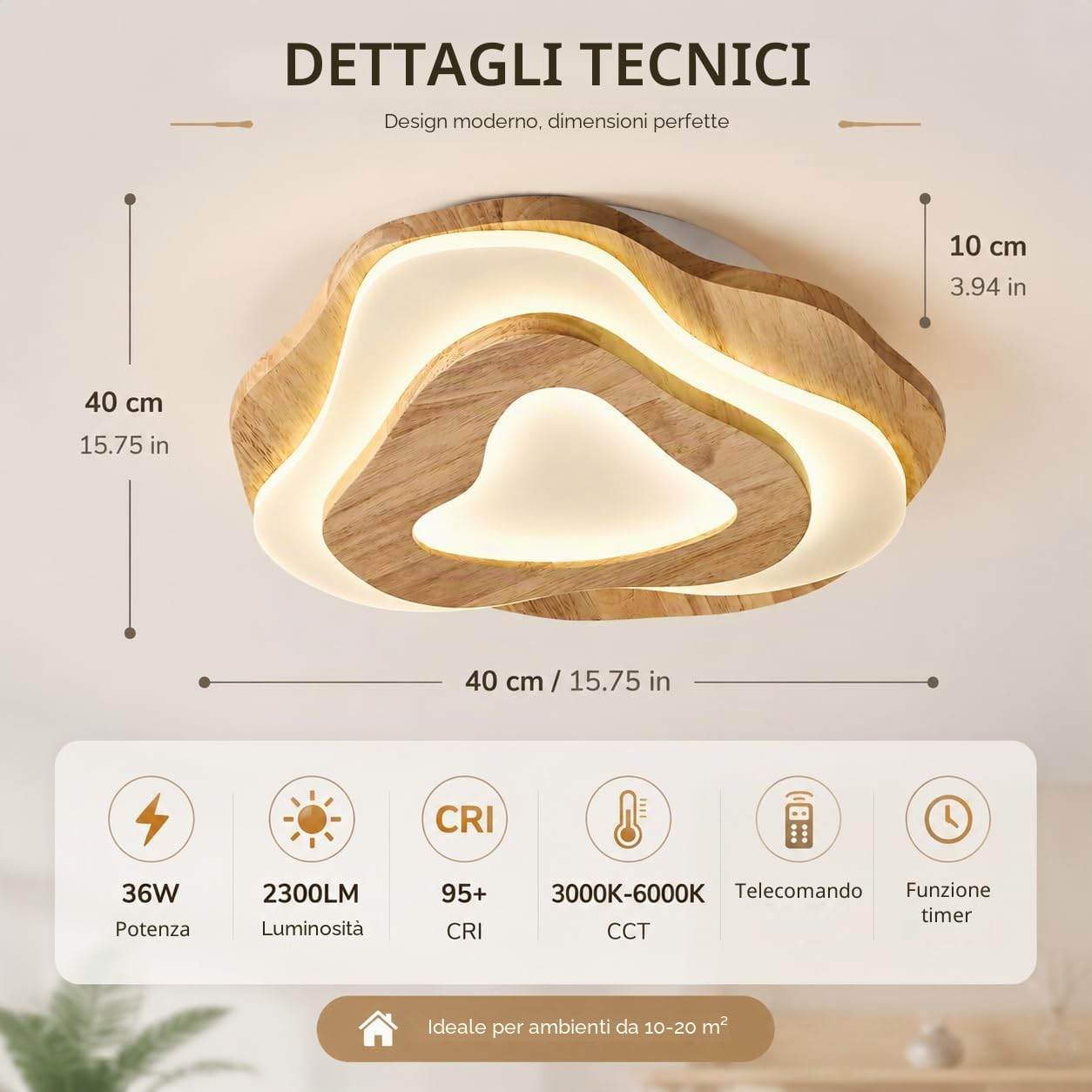 Plafoniera LED Legno Dimmerabile 35W Ø40CM, Lampada da Soffitto LED Moderna con Telecomando, Plafoniera Rovere Regolabile 3000K-6000K, 2800lm con Memoria e Luce Notturna per Soggiorno Camera da Letto | 3000K-6000K CCT, 10%-100% dimmerabile, luce notturna,