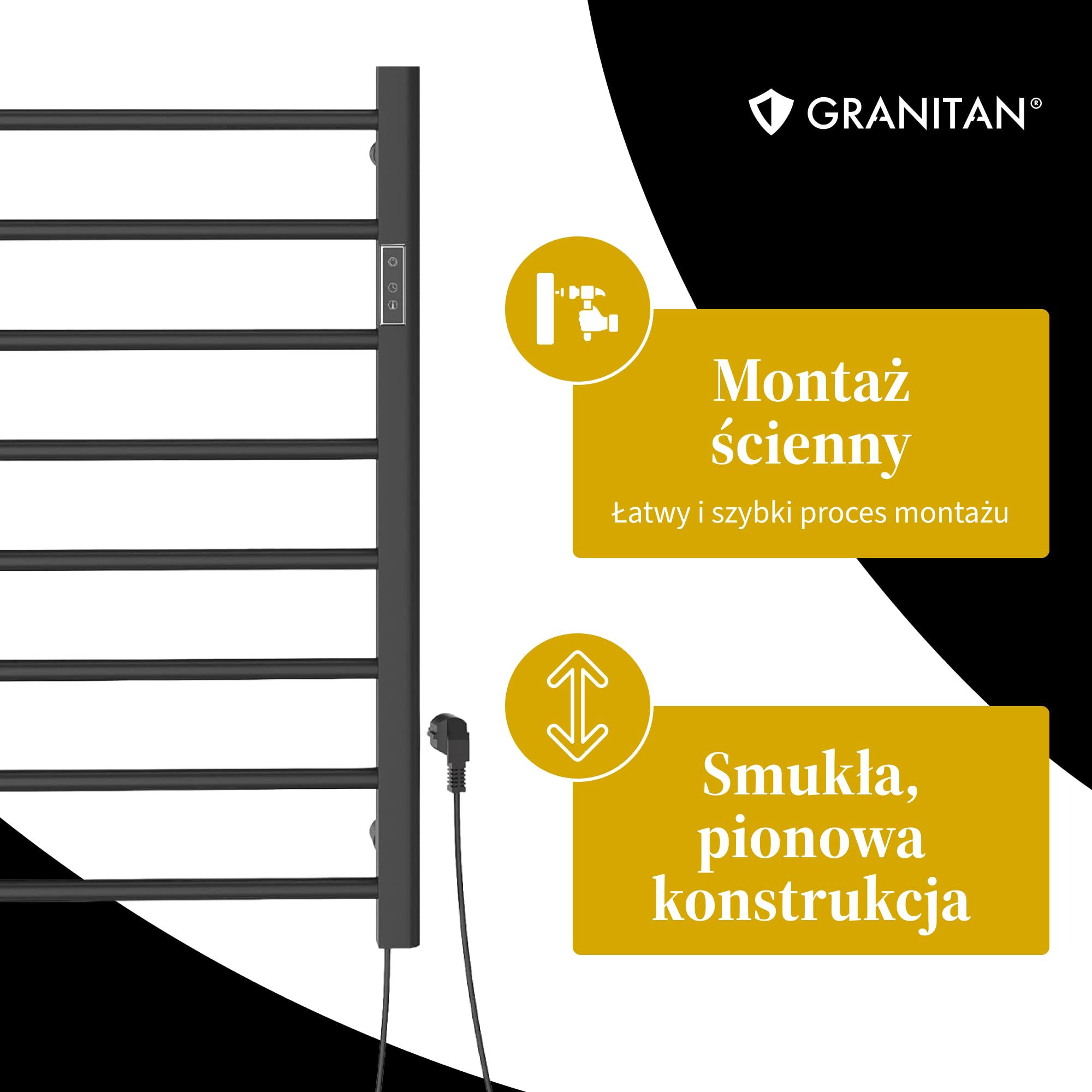 Granitan Grzejnik Łazienkowy BRENO 40x110 cm, Czarny, 369W | Grzejnik Łazienkowy Wodny, Ścienny grzejnik, drabinka do suszenia ręczników, podłączenie do centralnego ogrzewania
