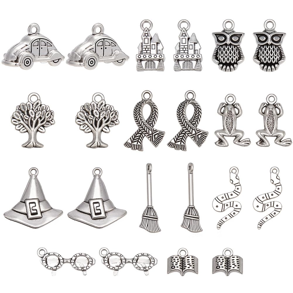 SUNNYCLUE 1 Box 88Pcs 11 Styles Magic Themed Charms Witch Charm Bulk Halloween Antique Silver Tibetan Style Magical Witch Hat Owl Snake Broom Pendants for Jewellery Making Necklace Bracelet Earrings
