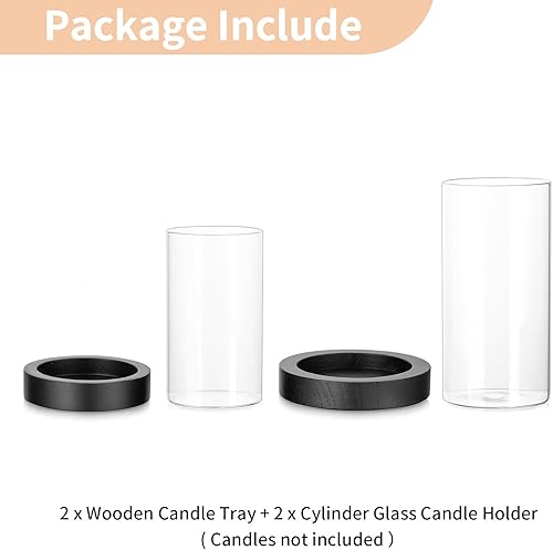 Miniatura 3 de NUPTIO Portavelas de madera, pilar bandeja negra para velas con jarrón redondo de vidrio de huracán, juego de 2 portavelas flotantes cilíndricos
