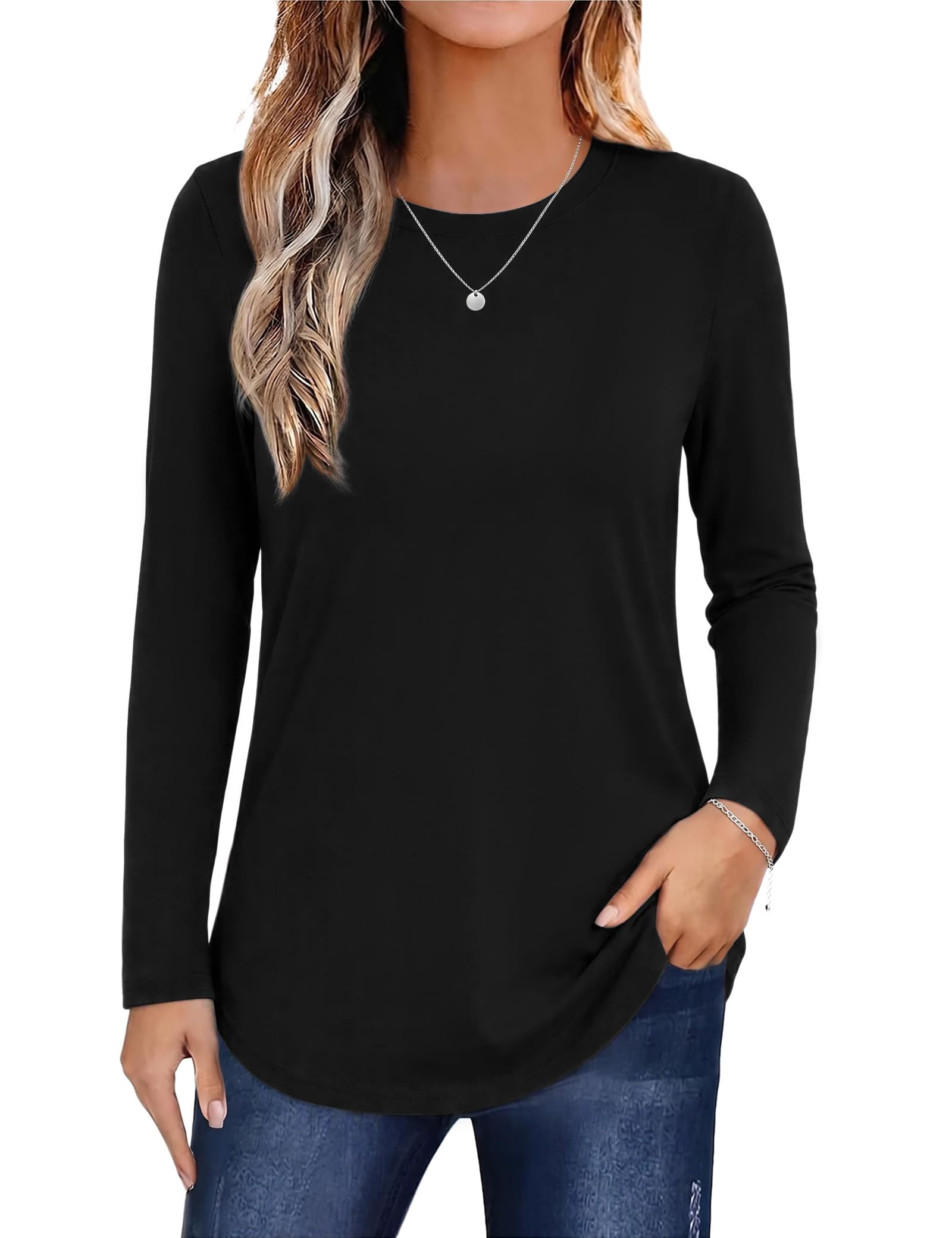 Aottori Langarmshirt Damen Baumwolle Rundhals Basic Oberteil Locker Elegant | Longsleeve, Stretch, Top, Herbst Frühling, Einfarbig, Dünn Pullover, Shirt Langarm