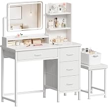 Dressing Table with Mirror and Lights Small Dressing Table with Fabric Storage Drawer & Chair & Shelves White Compact Makeup Cosmetic Set for Bedroom