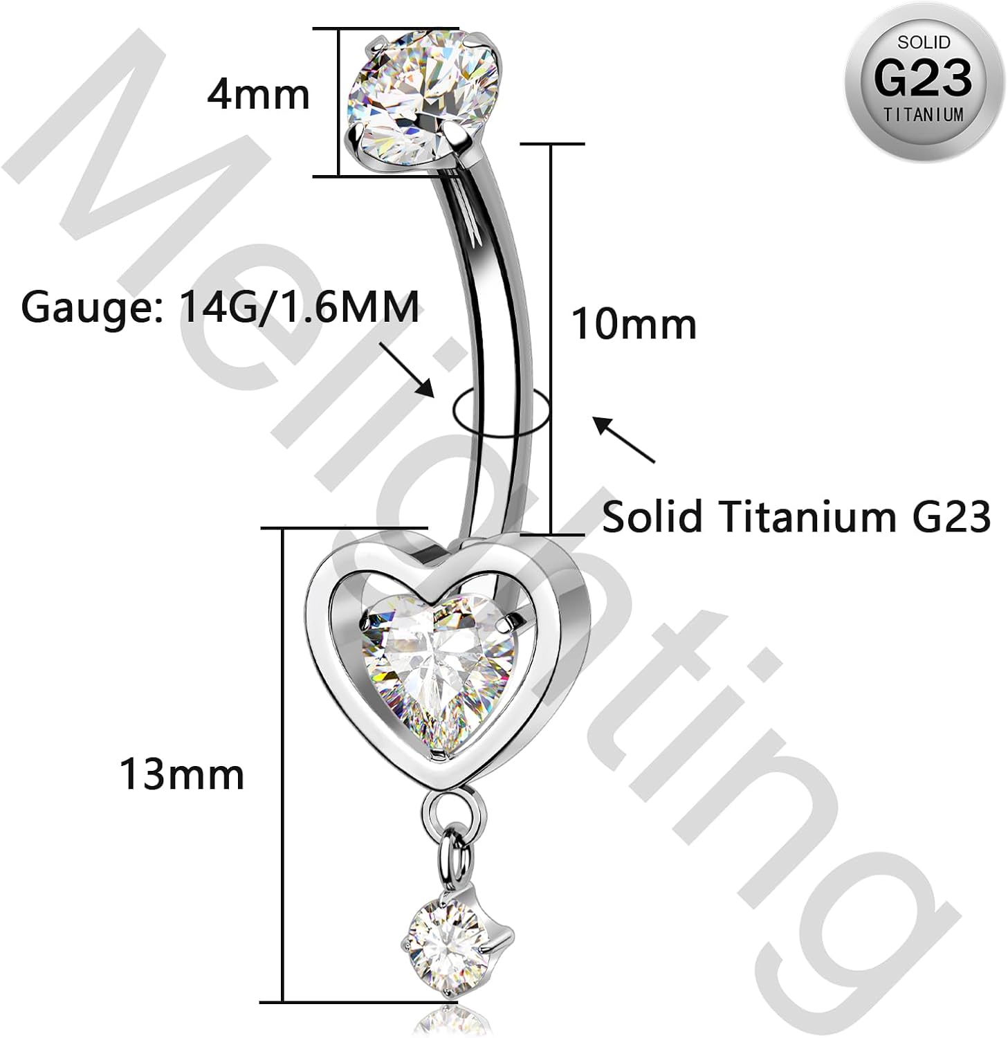 Melighting Heart Titanium Belly Button Ring Internally Threaded 14G Dangle Belly Ring Belly Piercing Jewelry Titanium G23 Naval Ring Clear Cz Body Piercing Jewelry - Image 5